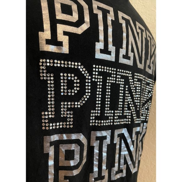PINK Victoria's Secret-Black Long Sleeve T Shirt Bling Rhinestones-Sz S - Picture 4 of 11